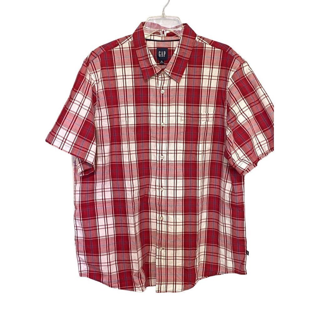 New Gap Men's XXL Short Sleeve Button Down Red White Blue‎ Plaid Shirt NWT